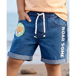 Babyhug Denim Mid Thigh Short With Stretch & Text Print - Navy Blue
