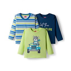 Babyhug 100% Cotton Knit Full Sleeves T-Shirts with Bear Print & Stripes Pack of 3 - Multicolor