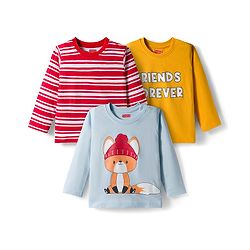 Babyhug 100% Cotton Knit Full Sleeves T-Shirts with Fox Graphic & Stripes Pack of 3 - Red Yellow & Light Blue