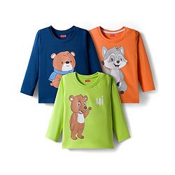 Babyhug 100% Cotton Knit Full Sleeves T-Shirts with Animal Graphics Pack of 3 - Navy Blue Lime Green & Coral