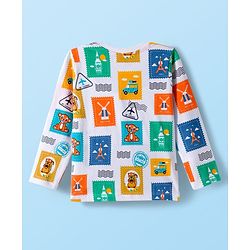 Babyhug 100% Cotton Knit Full Sleeves T-Shirt with Postcard Stamp Print - White