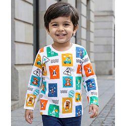 Babyhug 100% Cotton Knit Full Sleeves T-Shirt with Postcard Stamp Print - White