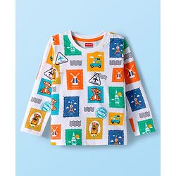 Babyhug 100% Cotton Knit Full Sleeves T-Shirt with Postcard Stamp Print - White