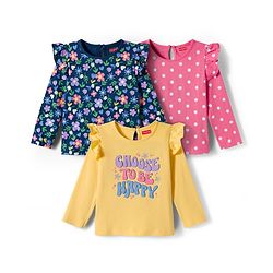 Babyhug 100% Cotton Knit Full Sleeves T-Shirts with Frill Detailing Floral Polka Dots & Text Print Pack of 3 - Yellow Navy Blue & Pink