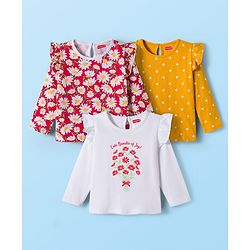 Babyhug 100% Cotton Knit Full Sleeves T-Shirts with Frill Detailing Polka Dots & Floral Print Pack of 3 - Red Yellow & White