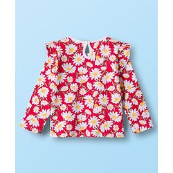 Babyhug 100% Cotton Knit Full Sleeves T-Shirts with Frill Detailing Polka Dots & Floral Print Pack of 3 - Red Yellow & White