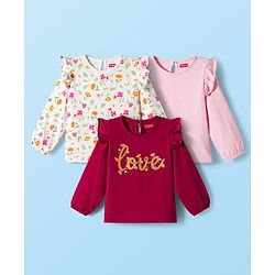 Babyhug 100% Cotton Knit Full Sleeves T-Shirts with Frill Detailing Floral & Glitter Print Pack of 3 - Pink Dark Red & White