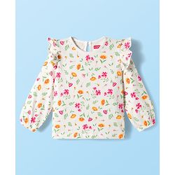 Babyhug 100% Cotton Knit Full Sleeves T-Shirts with Frill Detailing Floral & Glitter Print Pack of 3 - Pink Dark Red & White