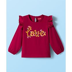 Babyhug 100% Cotton Knit Full Sleeves T-Shirts with Frill Detailing Floral & Glitter Print Pack of 3 - Pink Dark Red & White