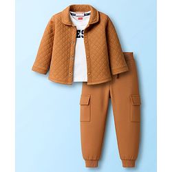 Babyhug Single Jersey Knit Full Sleeves Solid Color Shirt & Joggers Set with Inner Tee - Brown