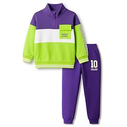 Babyhug Terry Knit Full Sleeves T-Shirt & Lounge Pant Set With Text Print - Lime Green & Purple