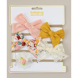 Babyhug Headbands with Bow & Floral Applique Pack of 5 - Pink Yellow & White