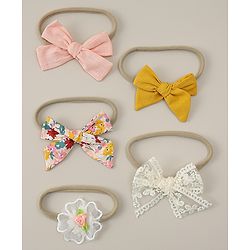 Babyhug Headbands with Bow & Floral Applique Pack of 5 - Pink Yellow & White