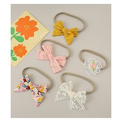 Babyhug Headbands with Bow & Floral Applique Pack of 5 - Pink Yellow & White