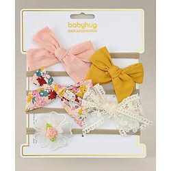 Babyhug Headbands with Bow & Floral Applique Pack of 5 - Pink Yellow & White