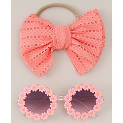 Babyhug Headband & Sunglasses With Bow & Floral Applique Combo Set- Pink