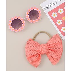 Babyhug Headband & Sunglasses With Bow & Floral Applique Combo Set- Pink