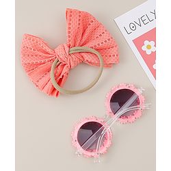 Babyhug Headband & Sunglasses With Bow & Floral Applique Combo Set- Pink