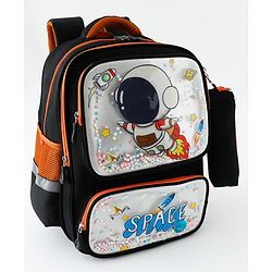 Space Kids School Backpack with Detachable Pencil Pouch 17L - Black| Water-Resistant Polyester| Bag for Boys & Girls| Lightweight & Durable| 3 Compartment & Front Zipper| Bottle Pouch