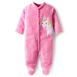 Babyhug Velour Knit Full Sleeves Footed Sleepsuit With Unicorn Embriodery - Pink
