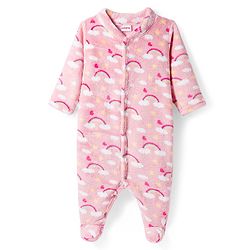 Babyhug Velour Knit Full Sleeves Footed Sleepsuit With Rainbow Print - Pink