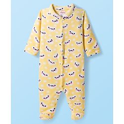 Babyhug Velour Knit Full Sleeves Winter Wear Footed Sleepsuit With Bunny Print - Yellow