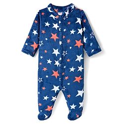 Babyhug Velour Knit Full Sleeves Winter Wear Sleepsuit With Star Print - Navy Blue