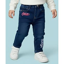 Babyhug Denim Full Length Washed Jeans With Stretch & Text Embriodery - Navy Blue