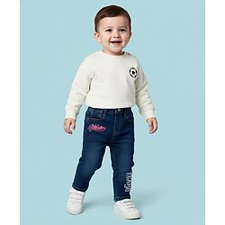 Babyhug Denim Full Length Washed Jeans With Stretch & Text Embriodery - Navy Blue