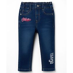 Babyhug Denim Full Length Washed Jeans With Stretch & Text Embriodery - Navy Blue