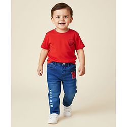 Babyhug Denim Full Length Washed Jeans With Stretch & Text Print - Navy Blue