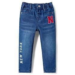 Babyhug Denim Full Length Washed Jeans With Stretch & Text Print - Navy Blue