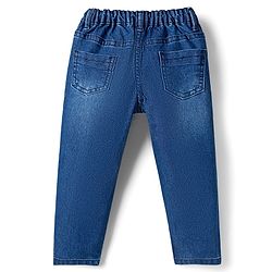 Babyhug Denim Full Length Washed Jeans With Stretch & Text Print - Navy Blue