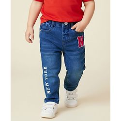 Babyhug Denim Full Length Washed Jeans With Stretch & Text Print - Navy Blue