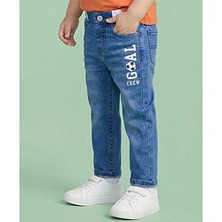 Babyhug Denim Full Length Jeans With Stretch & Text Print - Blue