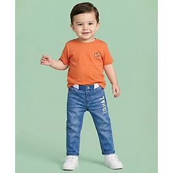 Babyhug Denim Full Length Jeans With Stretch & Text Print - Blue