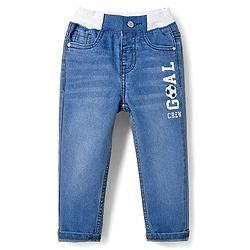 Babyhug Denim Full Length Jeans With Stretch & Text Print - Blue