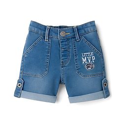 Babyhug Denim Mid Thigh Washed Shorts With Stretch & Text Embroidery -