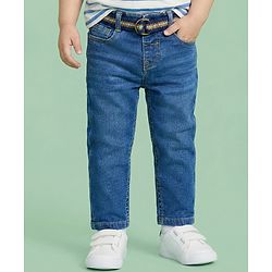 Babyhug Denim Full Length Washed Jeans With Stretch - Navy Blue