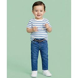 Babyhug Denim Full Length Washed Jeans With Stretch - Navy Blue