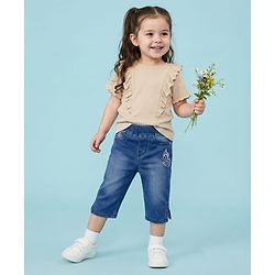 Babyhug Denim Washed Capri With Stretch & Butterfly Embroidery - Navy Blue