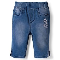 Babyhug Denim Washed Capri With Stretch & Butterfly Embroidery - Navy Blue