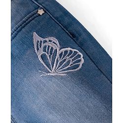Babyhug Denim Washed Capri With Stretch & Butterfly Embroidery - Navy Blue