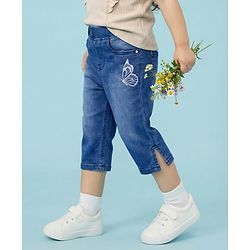 Babyhug Denim Washed Capri With Stretch & Butterfly Embroidery - Navy Blue