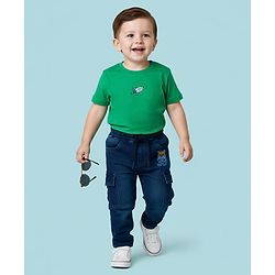Babyhug Denim Full Length Washed Jeans With Stretch & Text Embroidery - Navy Blue