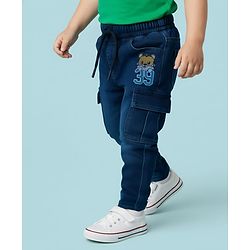 Babyhug Denim Full Length Washed Jeans With Stretch & Text Embroidery - Navy Blue