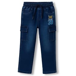 Babyhug Denim Full Length Washed Jeans With Stretch & Text Embroidery - Navy Blue
