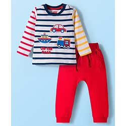 Babyhug Single Jersey Knit Full Sleeves Striped T-Shirt & Lounge Pant Set with Vehicle Patch Detailing - Red