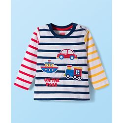 Babyhug Single Jersey Knit Full Sleeves Striped T-Shirt & Lounge Pant Set with Vehicle Patch Detailing - Red