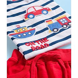Babyhug Single Jersey Knit Full Sleeves Striped T-Shirt & Lounge Pant Set with Vehicle Patch Detailing - Red
